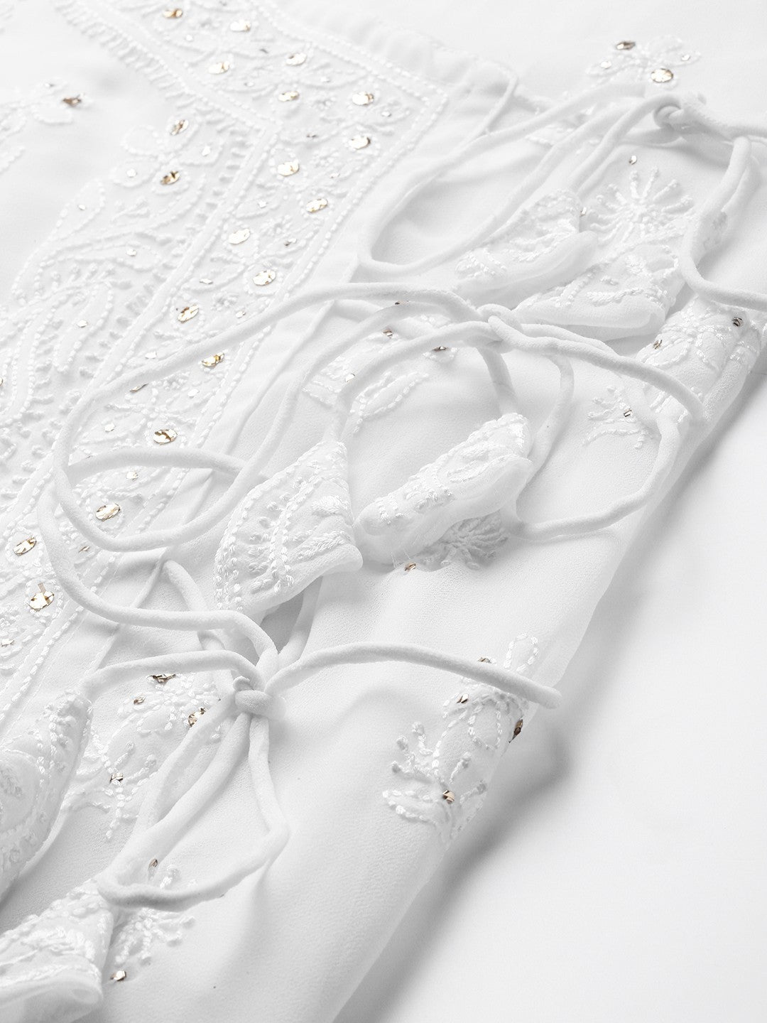 Ada Hand Embroidered White Georgette Lucknow Chikankari Angarkha Kurta/Slip with Muqaish Work A100430