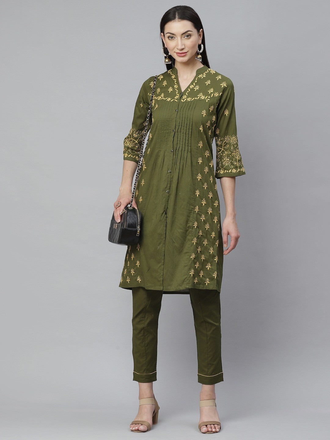 Ada Hand Embroidered Olive Green Cotton Lucknowi Chikankari Straight Kurta With Trouser Set A811134