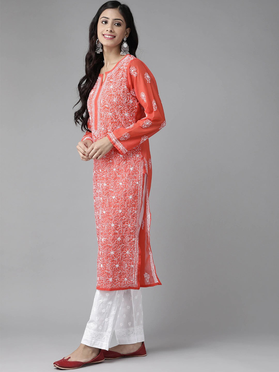 Ada Hand Embroidered Red Georgette Lucknowi Chikankari Kurta Set A811168