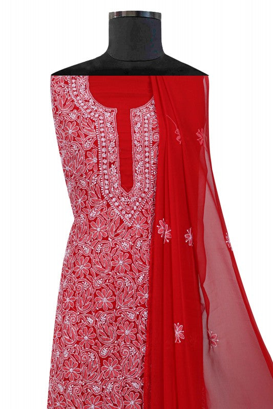 Ada Hand Embroidered Red Georgette Lucknowi Chikan Unstitched Suit Piece A516825