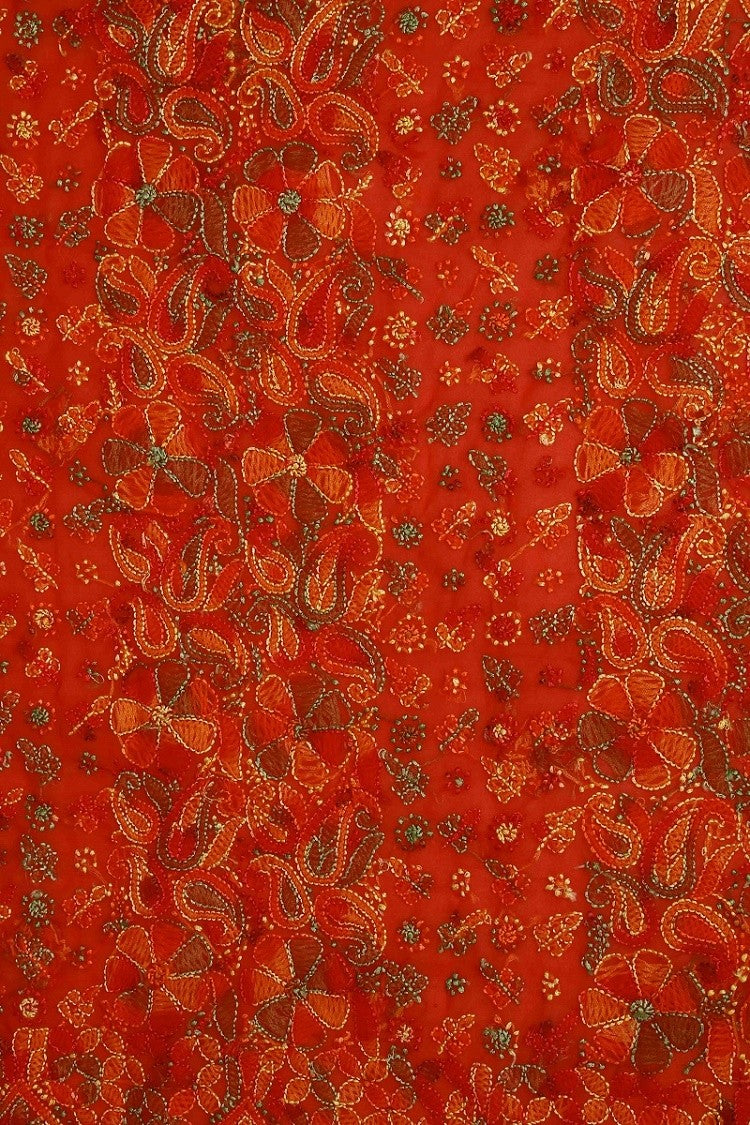 Ada Hand Embroidered Red Georgette Lucknowi Chikankari Unstitched Suit Piece A211171