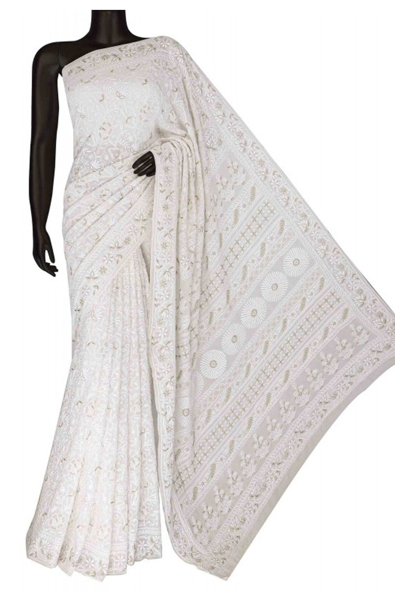 Ada Hand Embroidered Ivory White Pure Georgette Lucknow Chikan Saree with Blouse A573519