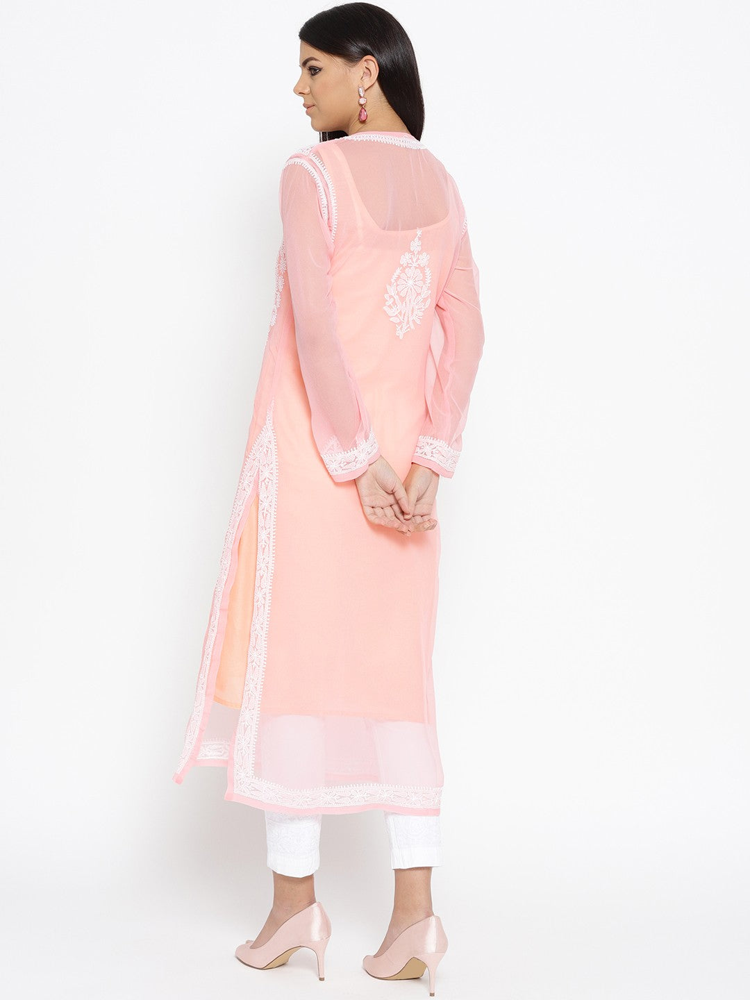 Ada Hand Embroidered Peach Faux Georgette Lucknowi Chikankari Kurta Set With Slip A100044