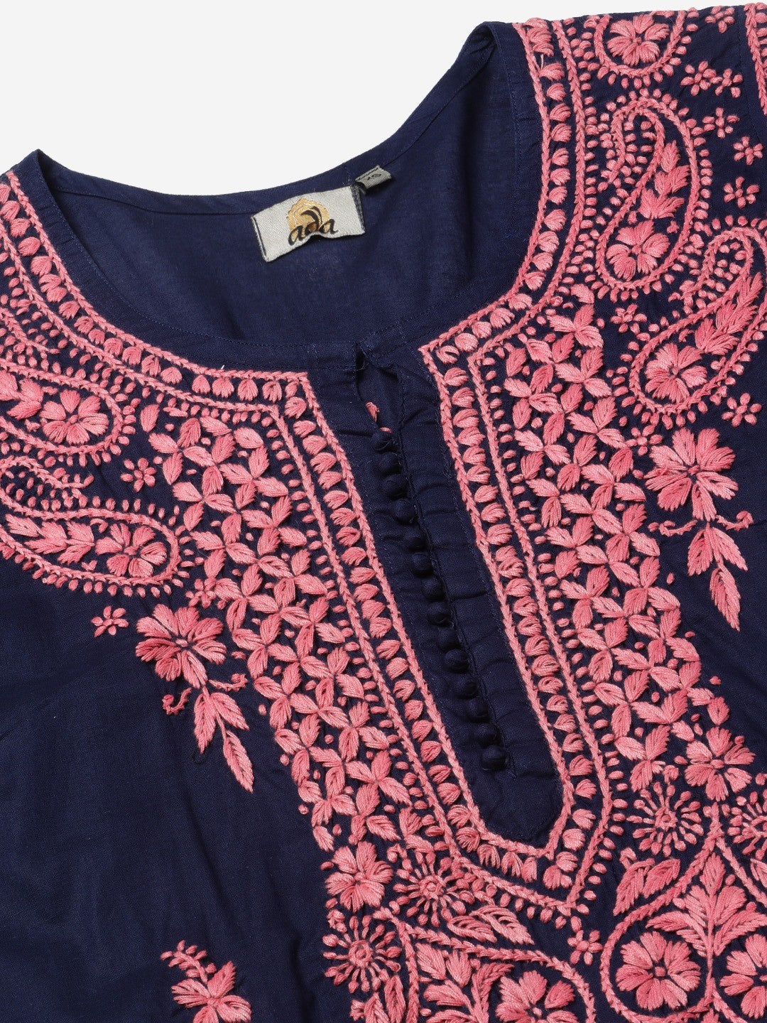 Ada Hand Embroidered Navy Blue Cotton Lucknowi Chikankari Straight Kurta A411145