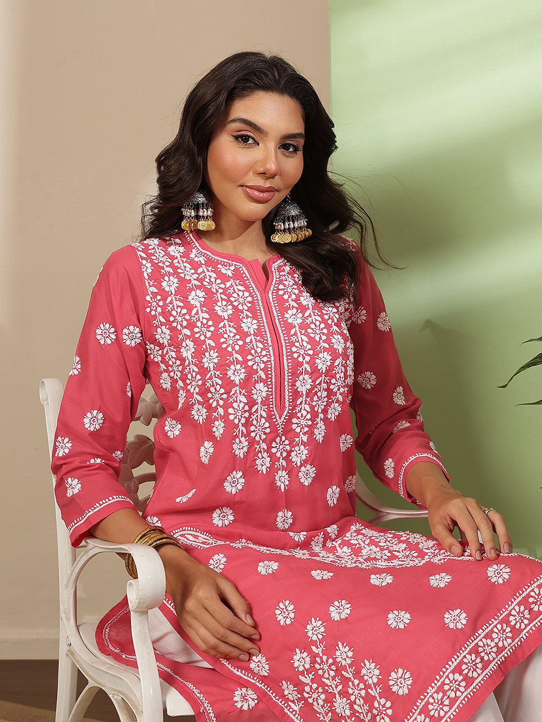 Ada Hand Embroidered Red Cotton Lucknowi Chikankari Straight Kurta A100294