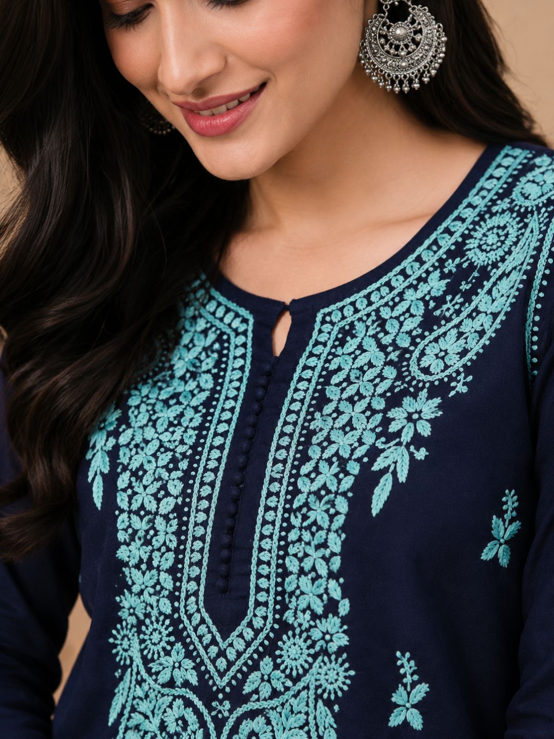 Ada Hand Embroidered Navy Blue Cotton Lucknowi Chikankari Straight Kurta A411119