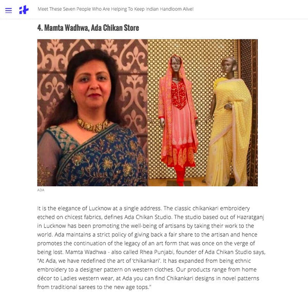 Ada featured as Business Helping To Keep Indian Handloom Alive by indiatimes- November, 2016.