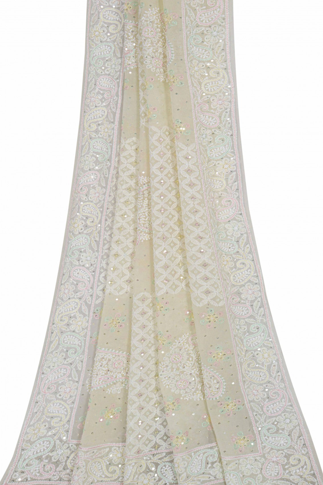 Ada Hand Embroidered Pale Yellow Pure Georgette Lucknowi Chikankari Dupatta With Cutdana Work 01A162505