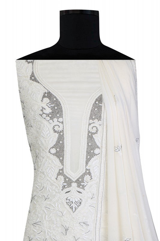 Ada Hand Embroidered White Pure Georgette Lucknowi Chikan Unstitched Kurta Dupatta Set With Pearl Work- A199028