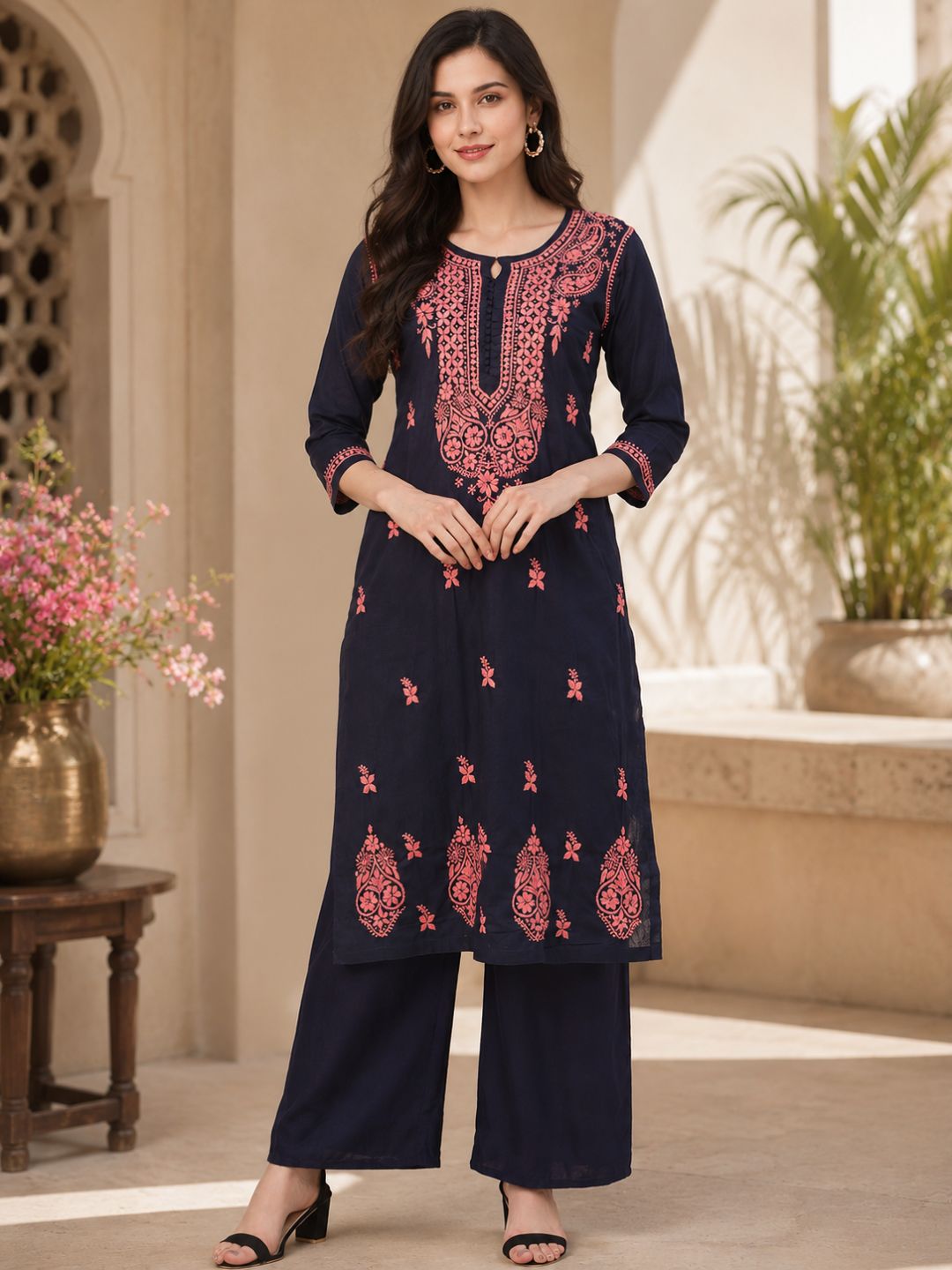 Ada Hand Embroidered Navy Blue Cotton Lucknowi Chikankari Straight Kurta A411145