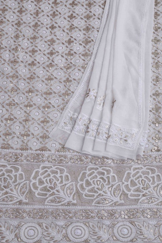 Ada Hand Embroidered White Pure Georgette Lucknowi Chikan Unstitched Kurta Dupatta Set with Gotapatti Work A532940