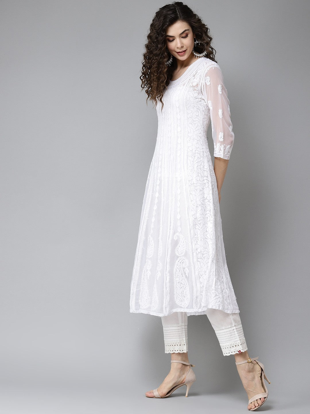 Ada Hand Embroidered White Georgette Lucknowi Chikankari Anarkali A-line Kurta A411205