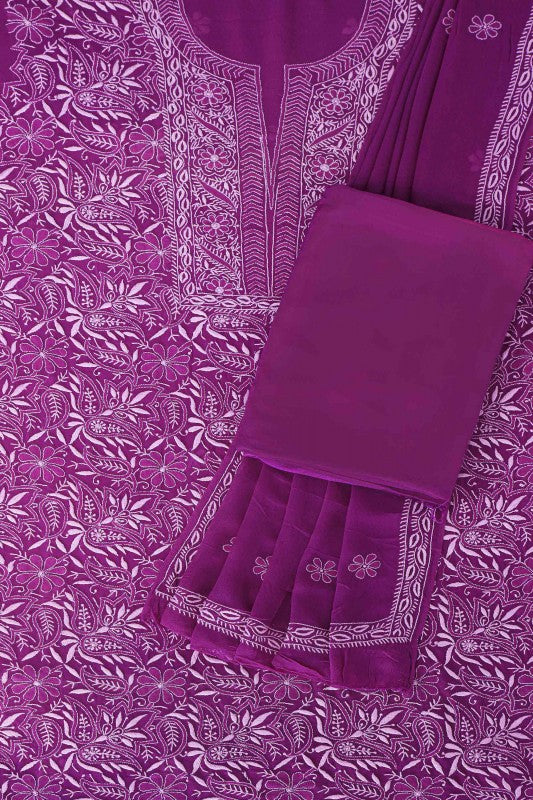 Ada Hand Embroidered Purple Pure Georgette Lucknowi Chikan Unstitched Suit Piece-A478439