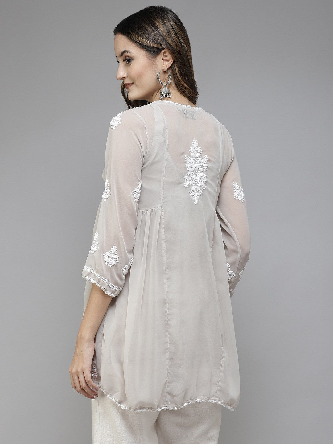 Ada Hand Embroidered Light Grey Georgette Lucknowi Chikankari Flared Kurti With Slip A911256