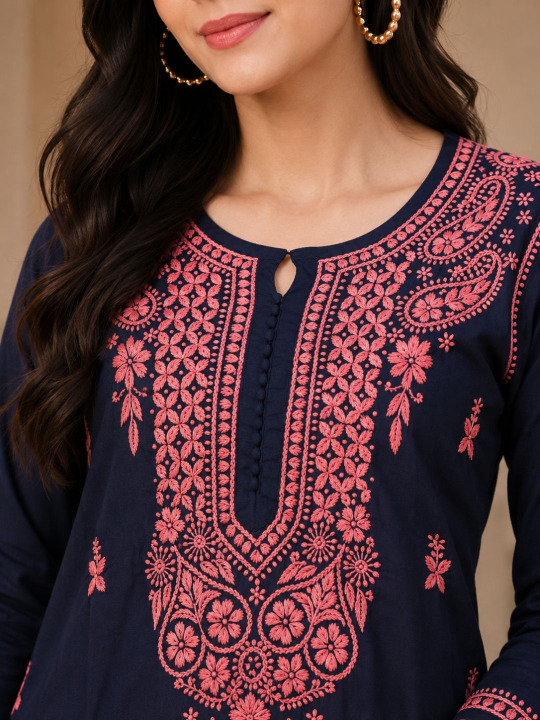 Ada Hand Embroidered Navy Blue Cotton Lucknowi Chikankari Straight Kurta A411145