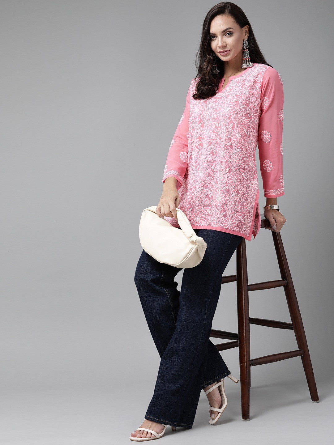 Ada Hand Embroidered Rose Pink Georgette Lucknowi Chikankari Straight Kurti A911225