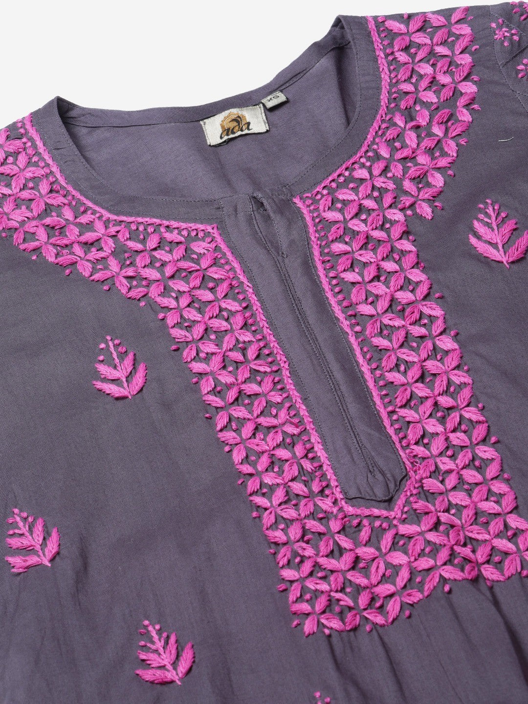 Ada Hand Embroidered Grey Cotton Lucknowi Chikankari Straight Kurta A411147