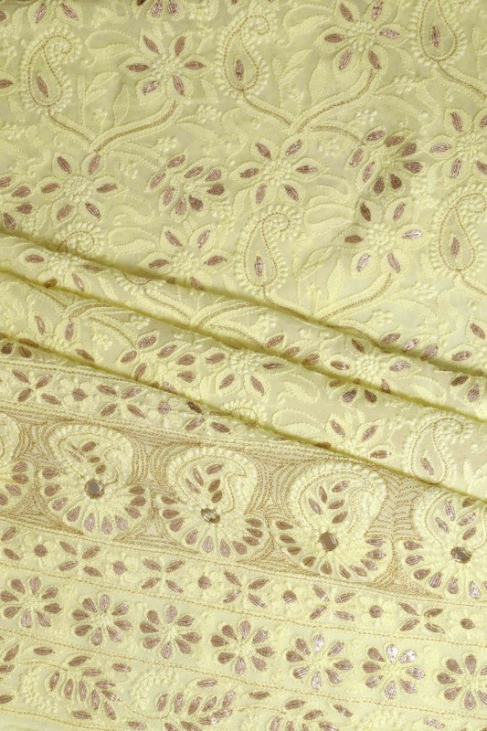 Ada Hand Embroidered Lemon Georgette Lucknowi Chikan Unstitched Kurta Dupatta Set With Gota Patti Work- A613195