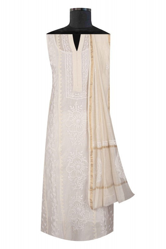 Ada Hand Embroidered Off White Chanderi Lucknowi Chikankari Semi-stitched Kurta Dupatta Set A615490