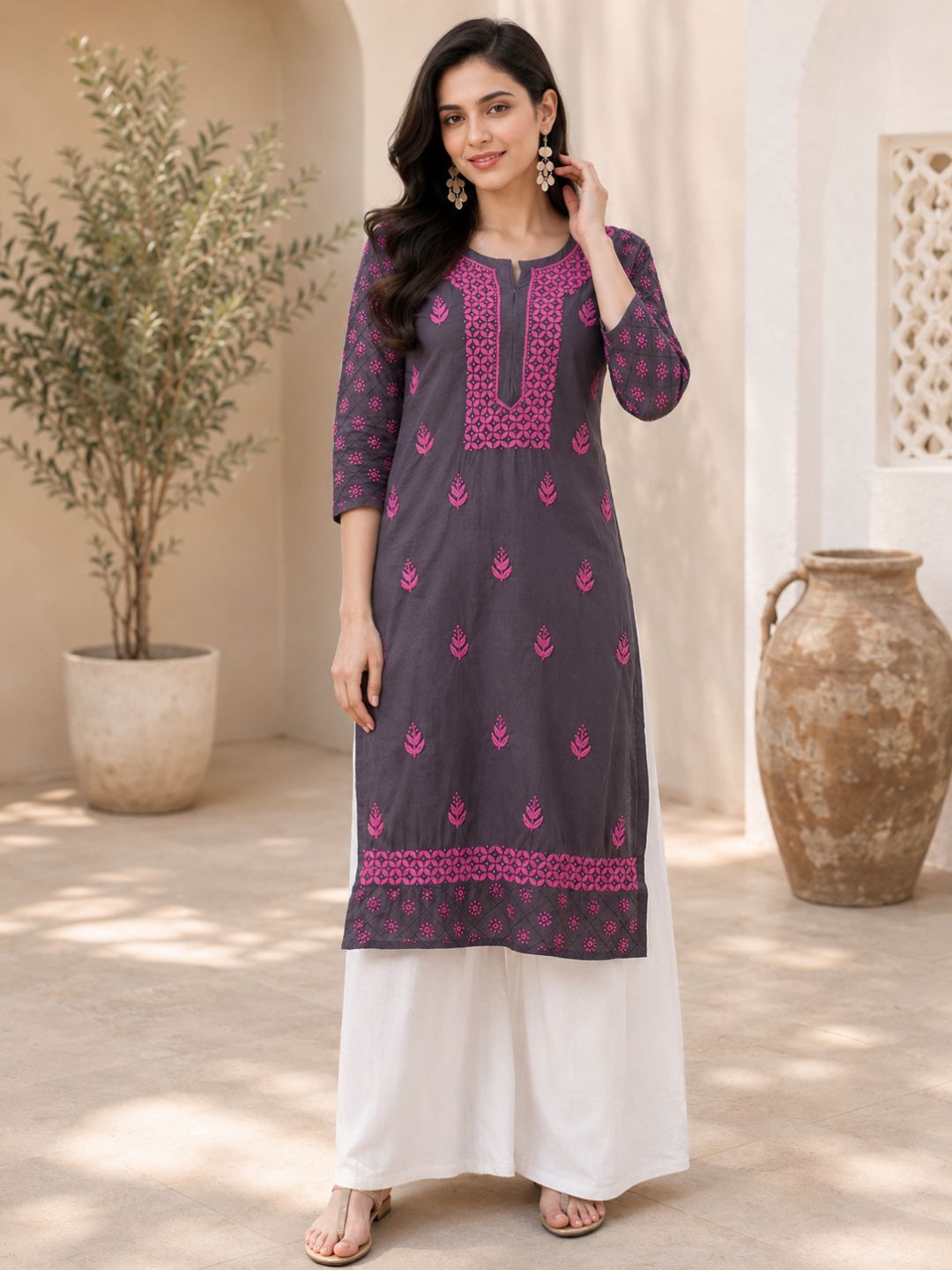 Ada Hand Embroidered Grey Cotton Lucknowi Chikankari Straight Kurta A411147
