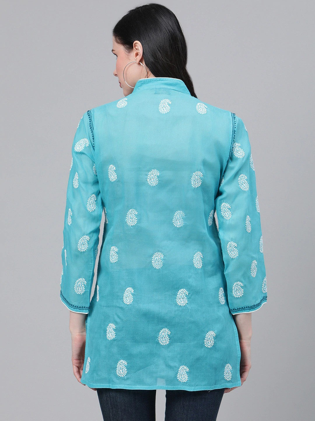 Ada Hand Embroidered Blue Cotton Lucknow Chikan Kurti -A259137
