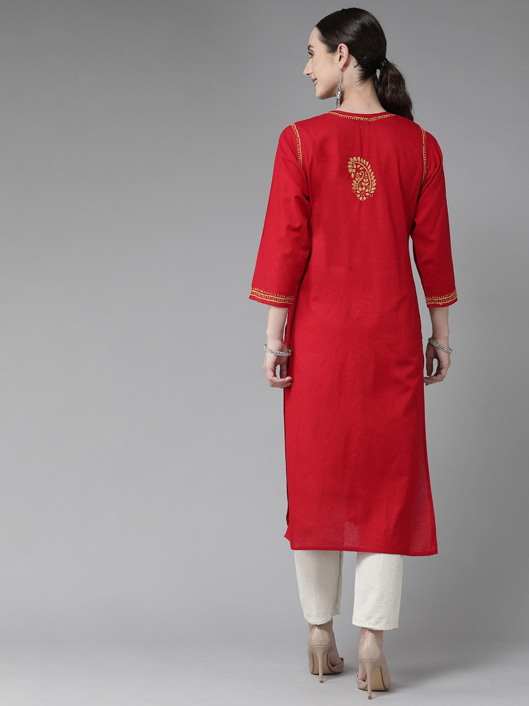 Ada Hand Embroidered Red Cotton Lucknowi Chikankari Straight Kurta A188271