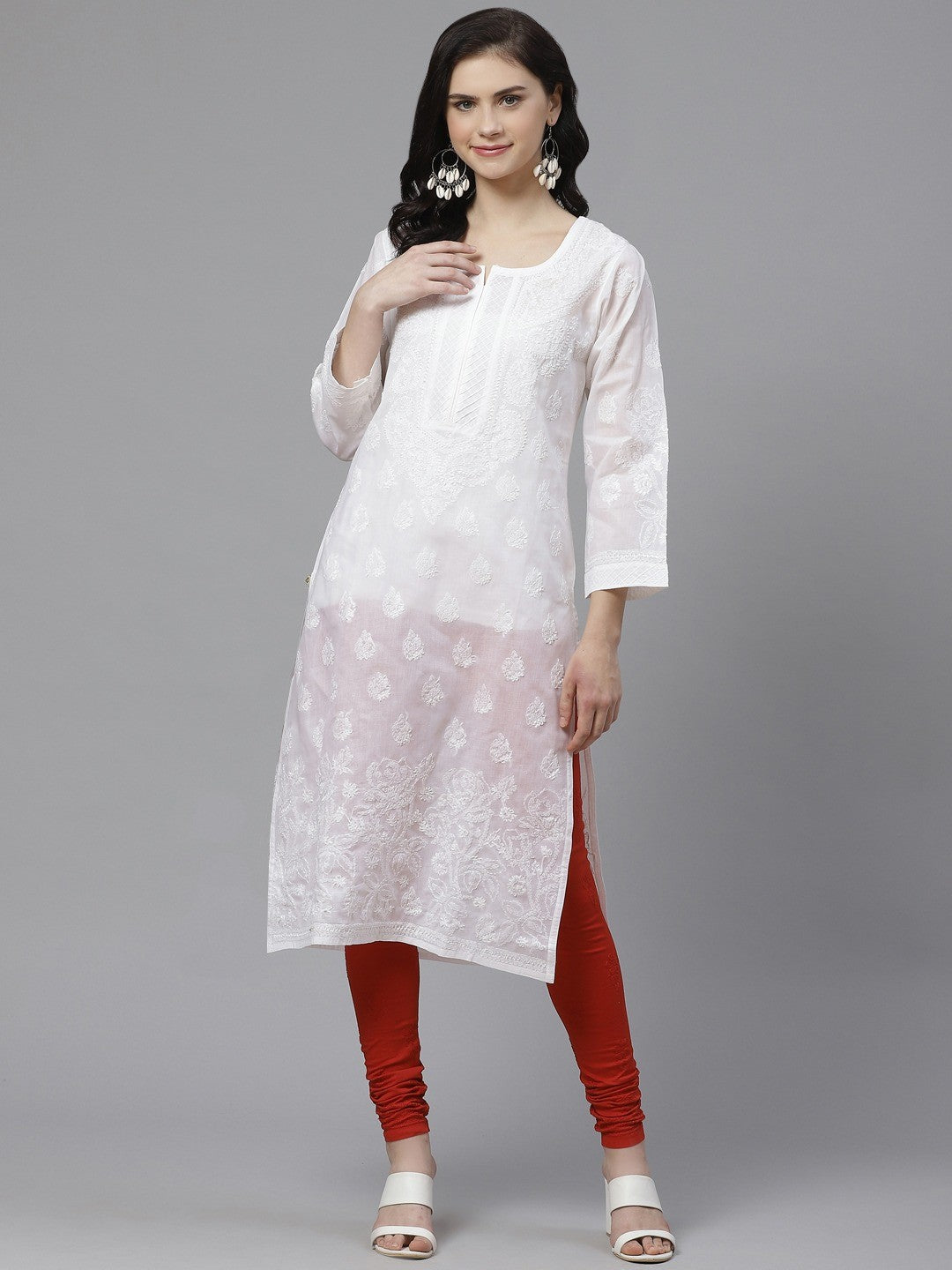 Ada Hand Embroidered White Cotton Lucknowi Chikankari Straight Kurta With Churidar Set A100550