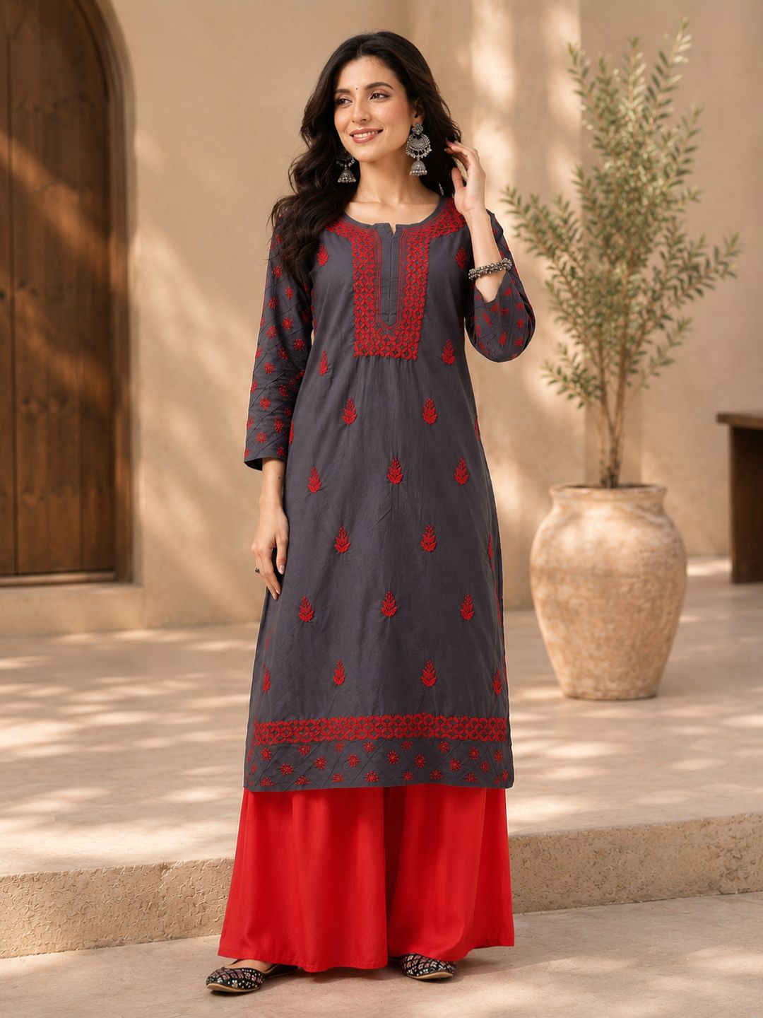 Ada Hand Embroidered Grey Cotton Lucknowi Chikankari Straight Kurta A411148