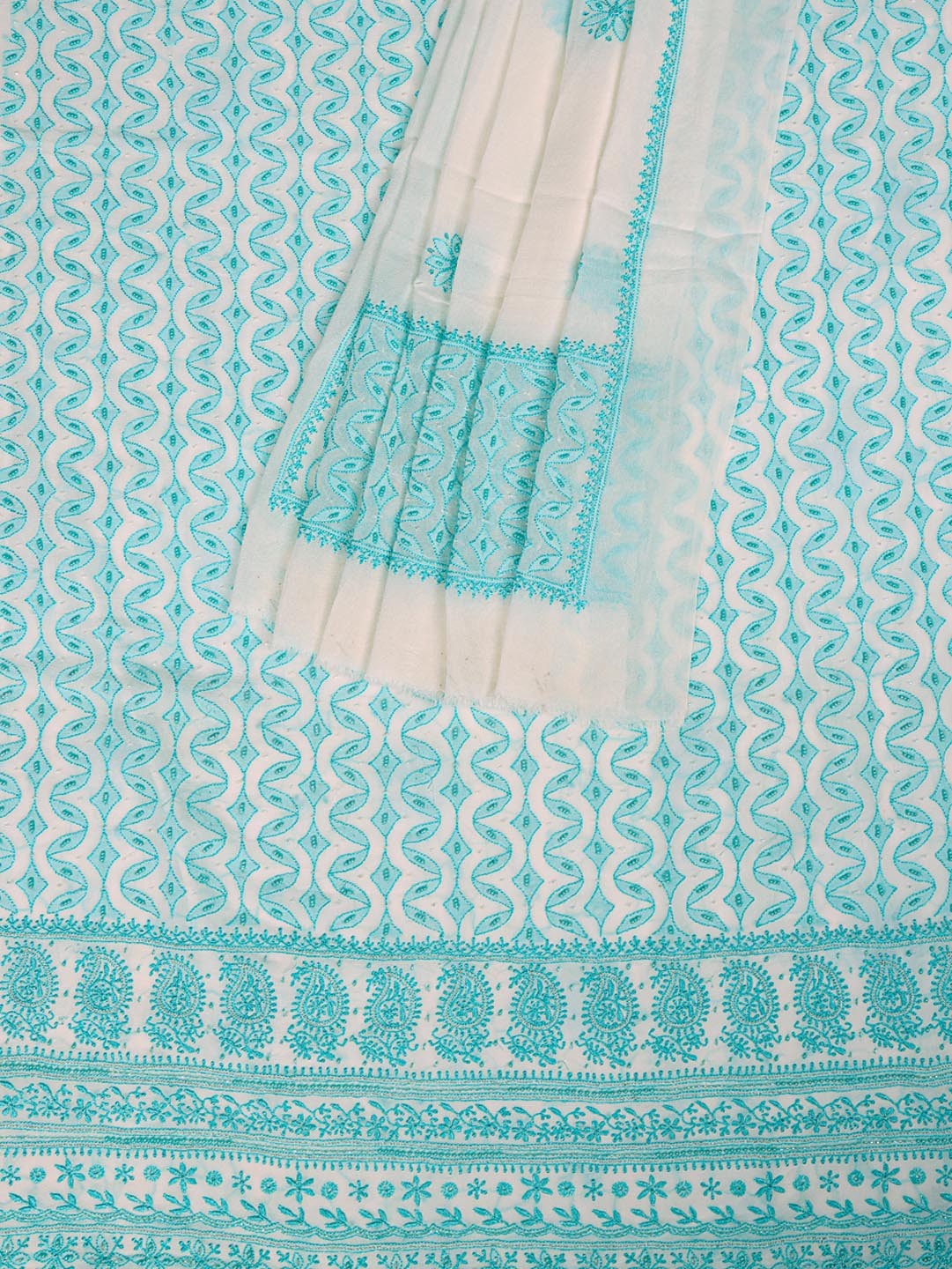 Ada Hand Embroidered White Pure Georgette Lucknowi Chikan Unstitched Kurta Dupatta With Pearl Work–A292101