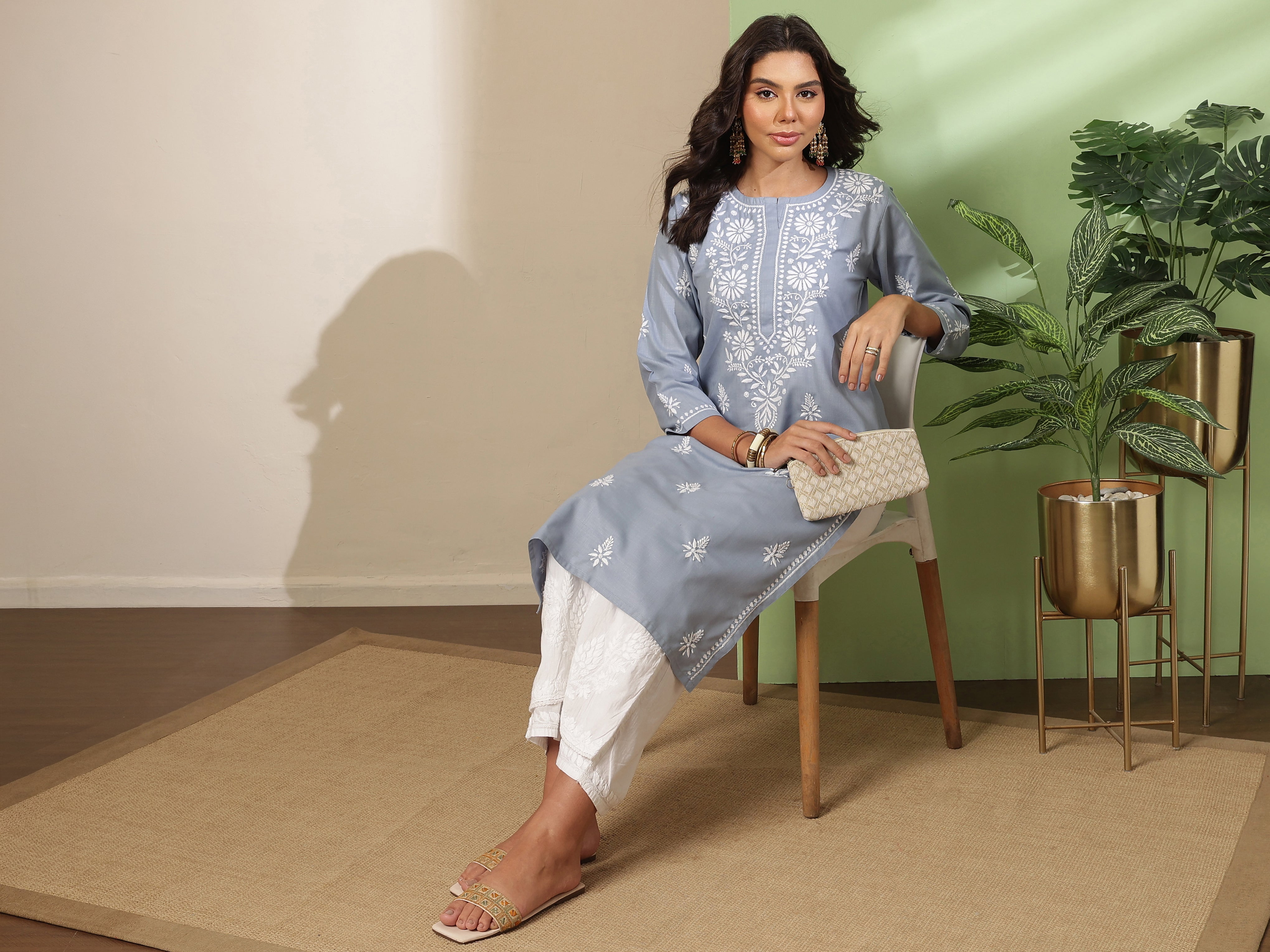 Ada Hand Embroidered Grey Cotton Lucknow Chikankari Kurta A411815