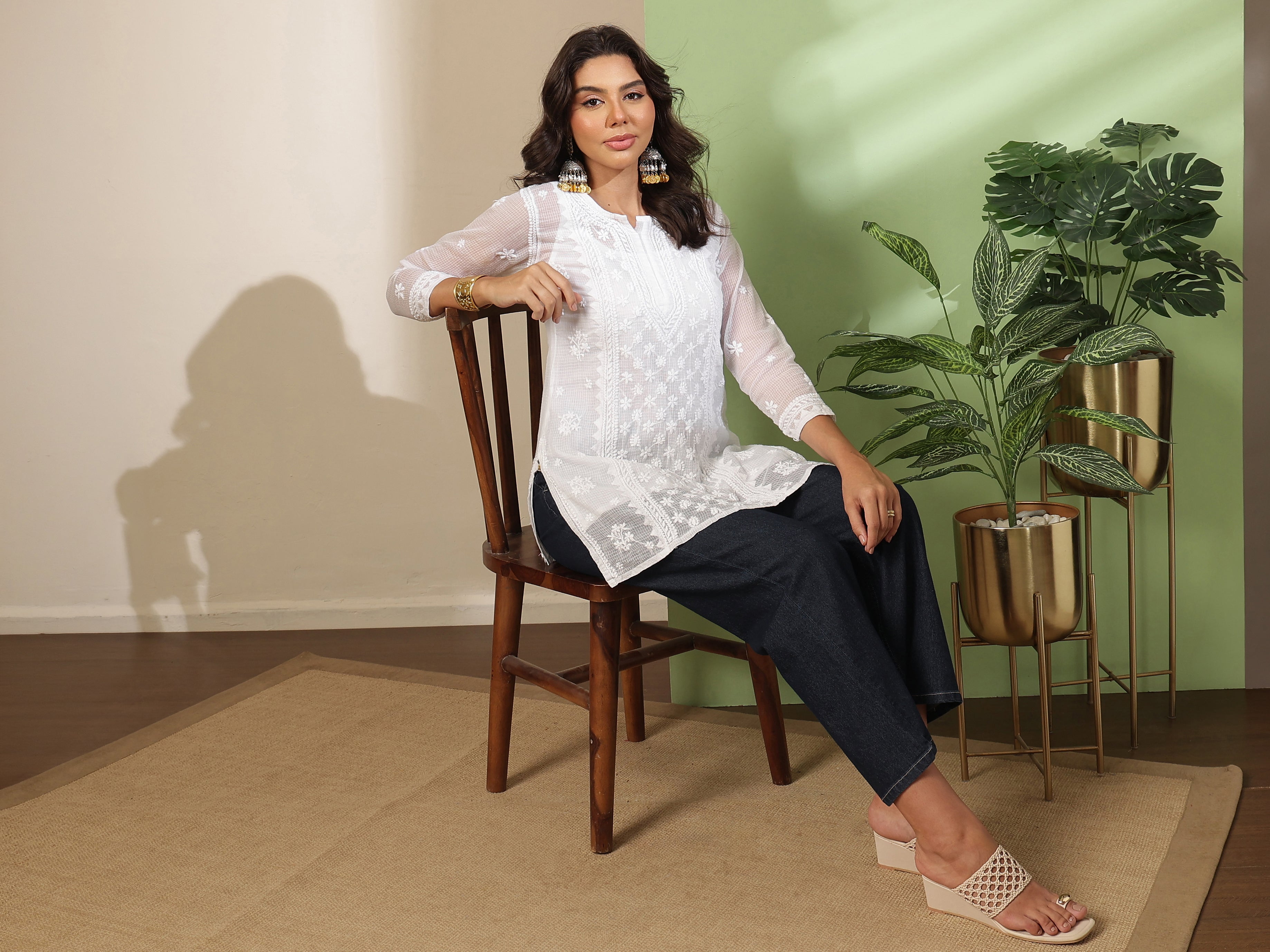 Ada Hand Embroidered White Kota Lucknow Chikankari Short Kurti With Slip A911566