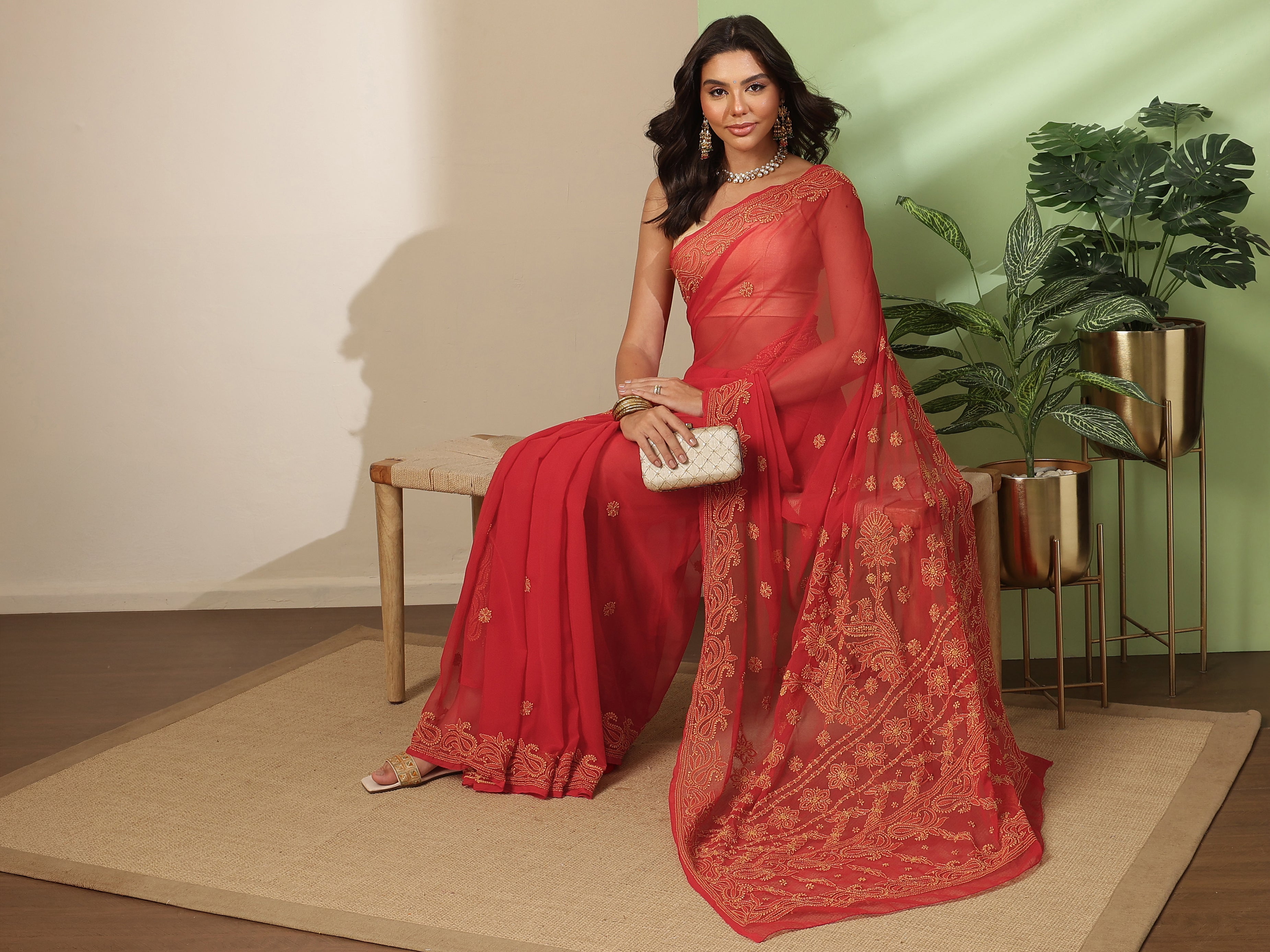 Ada Hand Embroidered Red Georgette Lucknowi Chikankari Saree With Blouse A311193