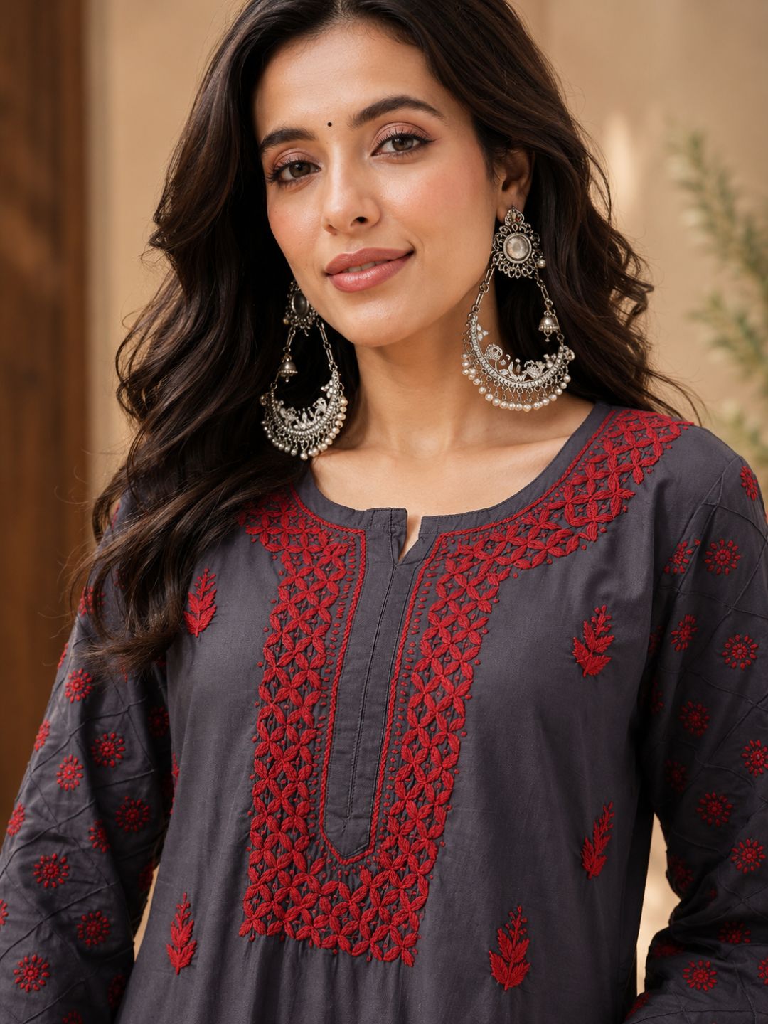 Ada Hand Embroidered Grey Cotton Lucknowi Chikankari Straight Kurta A411148