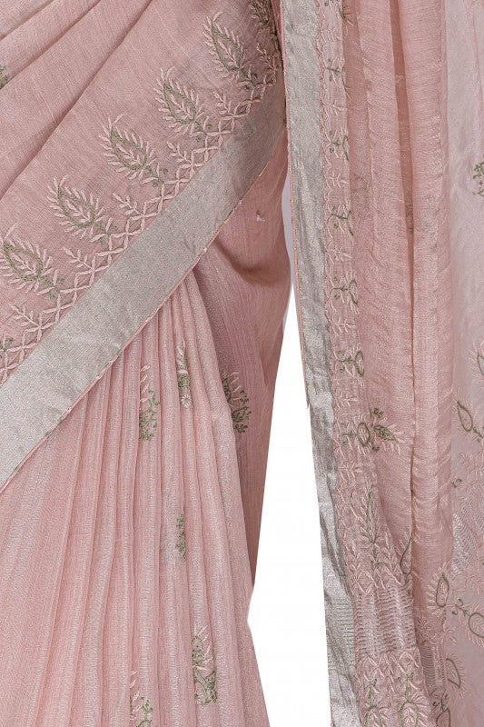 Ada Hand Embroidered Powder Pink Tusser Silk Lucknow Chikan Saree With Blouse-A615156