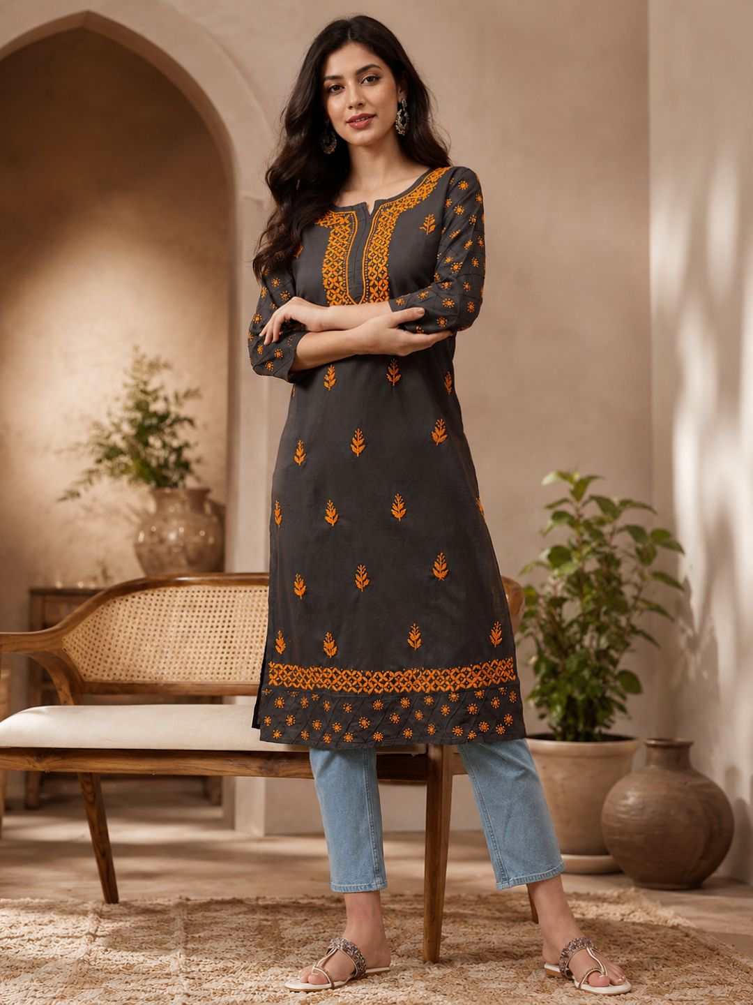 Ada Hand Embroidered Grey Cotton Lucknowi Chikankari Straight Kurta A411149