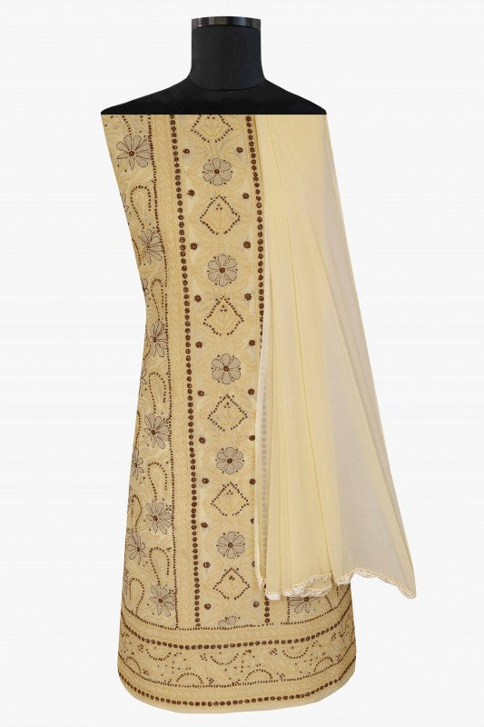 Ada Hand Embroidered Fawn Cotton Chikan Unstitched Suit Piece A585347