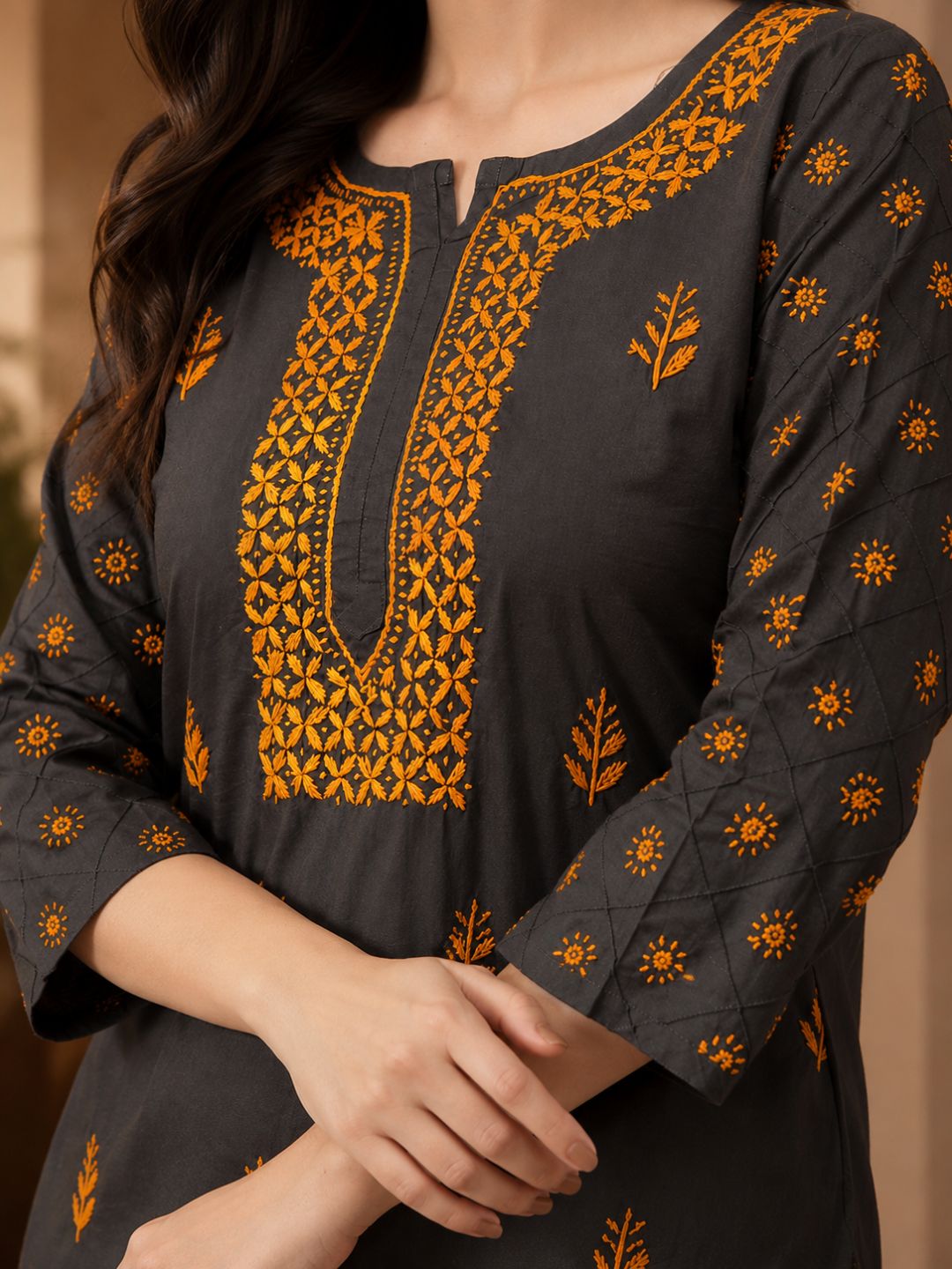 Ada Hand Embroidered Grey Cotton Lucknowi Chikankari Straight Kurta A411149