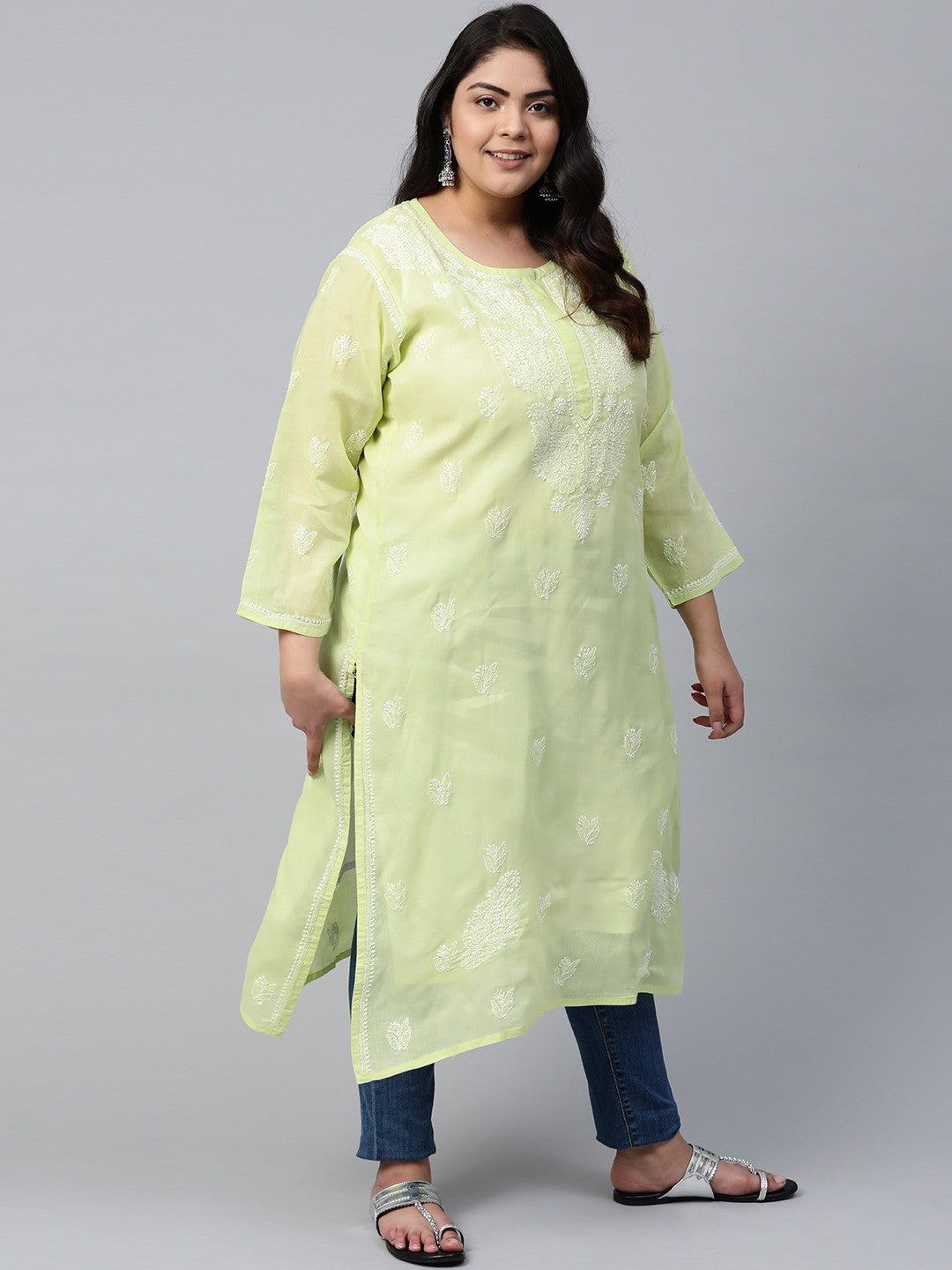 Ada Hand Embroidered Green Cotton Lucknow Chikankari Straight Kurta A133643