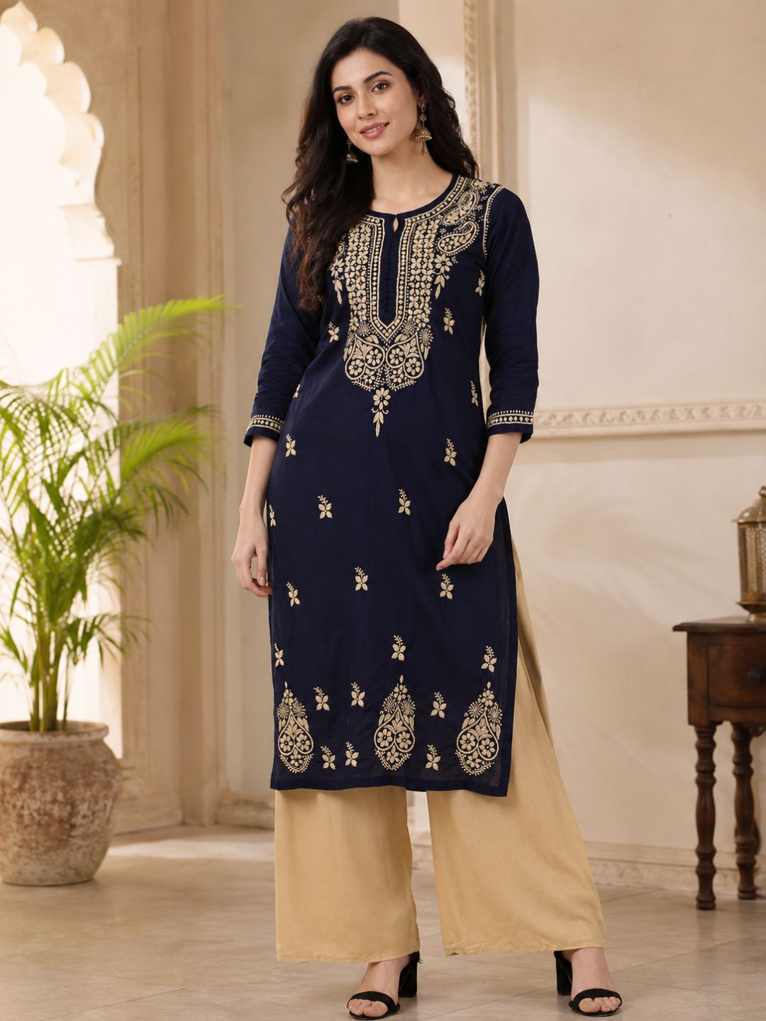 Ada Hand Embroidered Navy Blue Cotton Lucknowi Chikankari Straight Kurta A411150