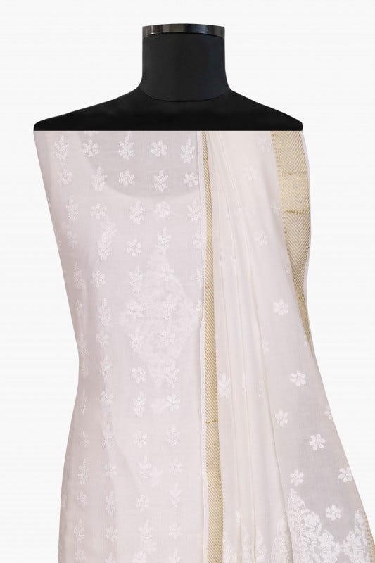 Ada Hand Embroidered White Cotton Lucknowi Chikan Unstitched Kurta Dupatta Set  A502818
