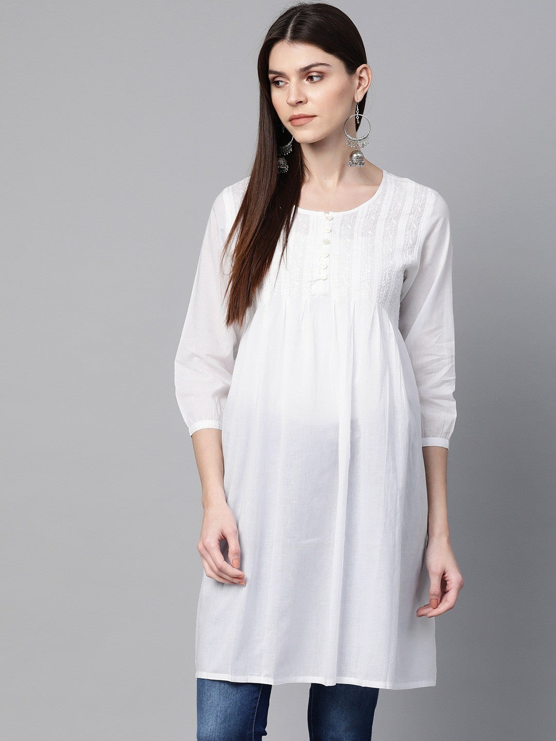 Ada Hand Embroidered White Cotton Lucknowi Chikankari Straight Kurti A390224