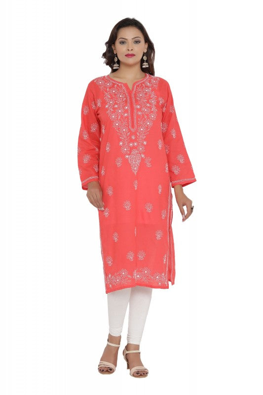 Ada Hand Embroidered Carrot Pink Cotton Lucknowi Chikankari Straight Kurta A196681