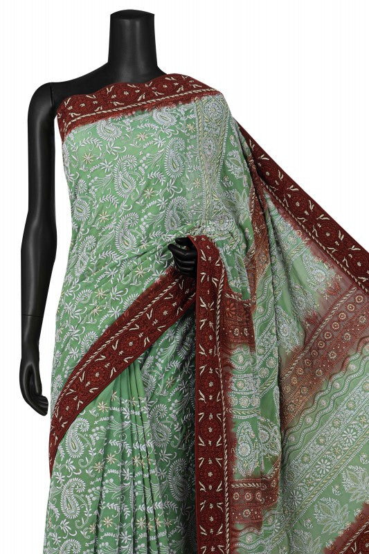 Ada Hand Embroidered Green Dual Shade Pure Georgette Lucknow Chikan Saree/Blouse with Gota Patti Work A50140