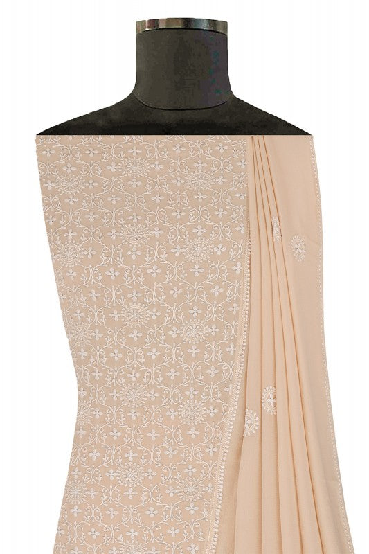Ada Hand Embroidered Fawn Crepe Lucknowi Chikan Unstitched Kurta Dupatta Set- A56622