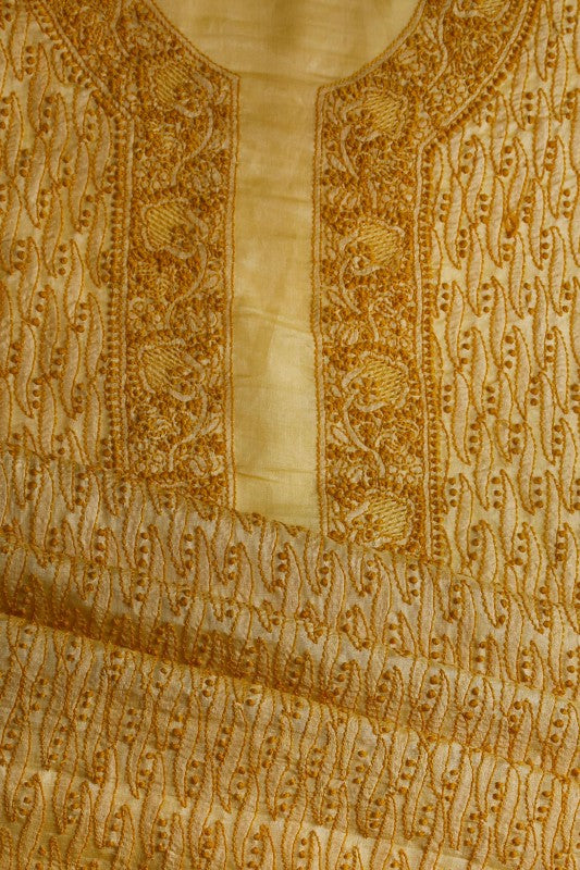 Ada Hand Embroidered Fawn Tusser Silk Chikan Unstitched Kurta Duppata set A606093