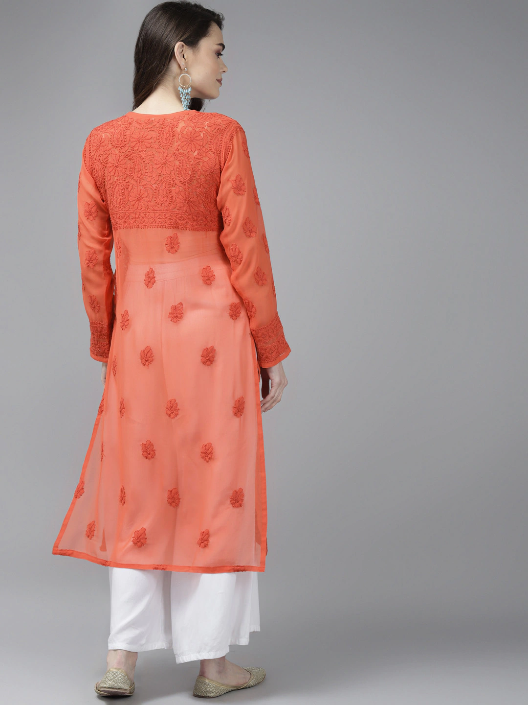 Ada Hand Embroidered Orange Georgette Lucknow Chikan Kurta A411384