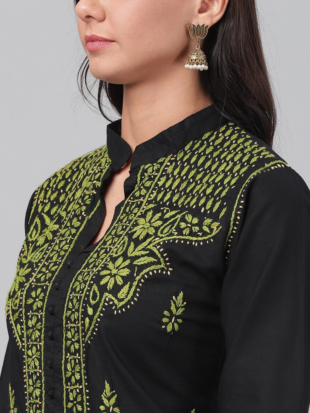 Ada Hand Embroidered Black Cotton Lucknowi Chikan Straight Kurta A444739