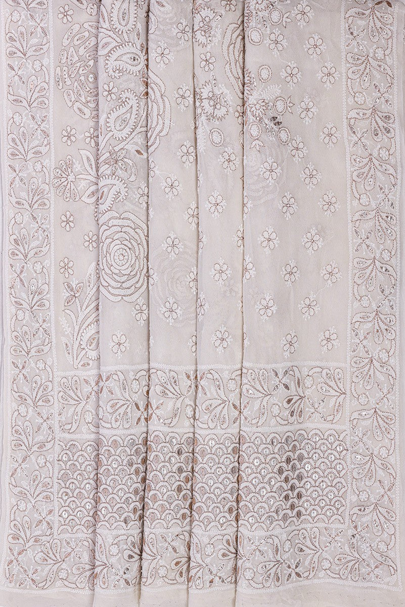 Ada Hand Embroidered White Pure Georgette Lucknowi Chikankari Saree /Blouse With Gota Patti Work A610159