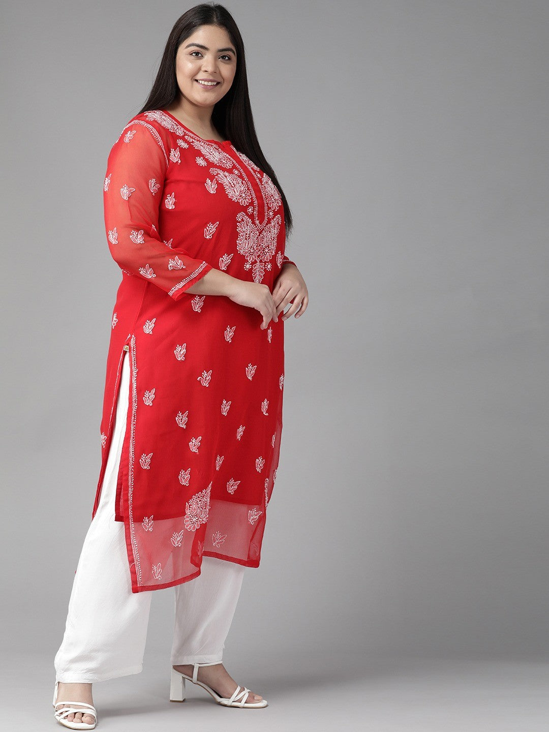 Ada Hand Embroidered Red Georgette Lucknowi Chikankari Straight Kurta With Slip A411289