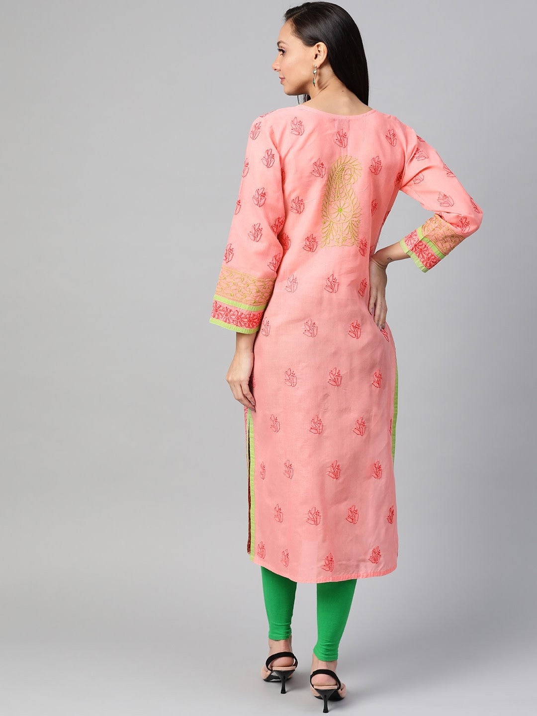 Ada Hand Embroidered Peach Cotton Lucknow Chikan Straight Kurta A273486